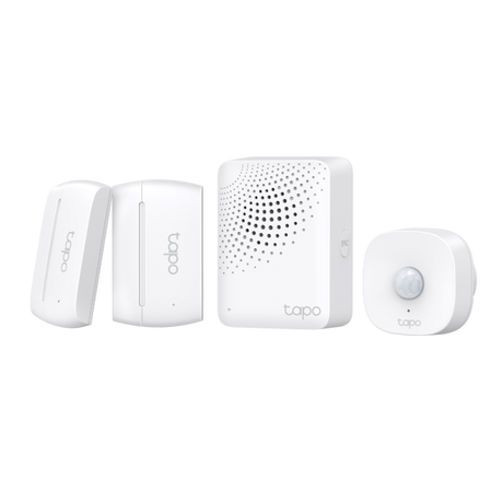 Smart IoT Hub with Chime SPEC: 2.4 GHz, 868 MHz, 100-240 V~, 50/60 Hz, Plug-in FEATURE: 90dB Adjustable Audio Alarm, 19 Ringtones, Up to 65 Switches, Sensors or Buttons, Mute Button, Easy Setup, Device Sharing, Flame- Retardant, Tapo App