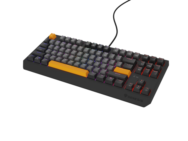 Tastatura gaming mecanica cu fir Genesis Thor 230 TKL, iluminare RGB, switch Linear, switch model Outemu Red, numar taste 87, 11 butoane multimedia, lungime cablu 1.6m, dimensiuni 363 x 155 x 39 mm, gri
