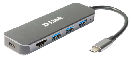 D-Link DUB-2333 5-in-1 USB-C Hub with HDMI and power delivery, 1* USB-C connector, 1* HDMI Port, 3* USB Type- APort (USB 3.0), 1* USB-C powerdelivery.
