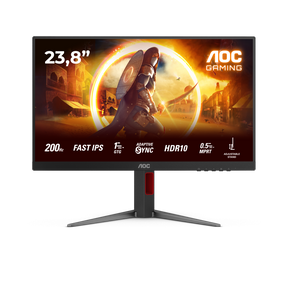 Monitor AOC 23.8" 24G4HA, Diagonal (inch): 23.8, Diagonal (cm): 60, Aspect ratio: 16:9, Panel: Fast IPS, Resolution: 1920x1080, Refresh Rate: 200Hz, Response time GtG: 1ms, Response time MPRT: 0.5ms, Brightness (max): 300 cd/m², Contrast (static) : 1000:1, Contrast (dynamic): 80M:1, Viewing angle