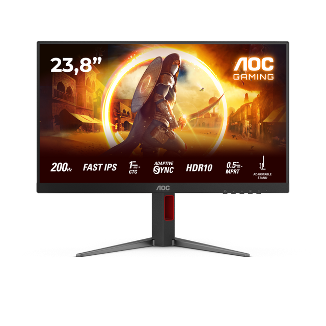 Monitor AOC 23.8" 24G4HA, Diagonal (inch): 23.8, Diagonal (cm): 60, Aspect ratio: 16:9, Panel: Fast IPS, Resolution: 1920x1080, Refresh Rate: 200Hz, Response time GtG: 1ms, Response time MPRT: 0.5ms, Brightness (max): 300 cd/m², Contrast (static) : 1000:1, Contrast (dynamic): 80M:1, Viewing angle