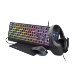 Kit Trust GXT 792 Quadrox 4-in-1, kitul contine: casti gaming, tastatura gaming, mouse gaming, mousepad, adaptor