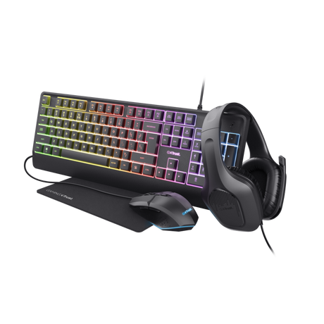 Kit Trust GXT 792 Quadrox 4-in-1, kitul contine: casti gaming, tastatura gaming, mouse gaming, mousepad, adaptor