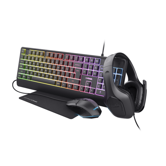 Kit Trust GXT 792 Quadrox 4-in-1, kitul contine: casti gaming, tastatura gaming, mouse gaming, mousepad, adaptor