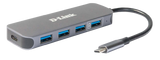 Hub D-Link USB 5 in 1, 4 porturi + 1 port USB-C cu power delivery