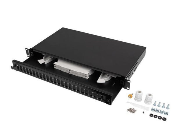 Patch panel fibră rack 19" 1U  24x SC duplex / 24x LC quad, negru + accesorii