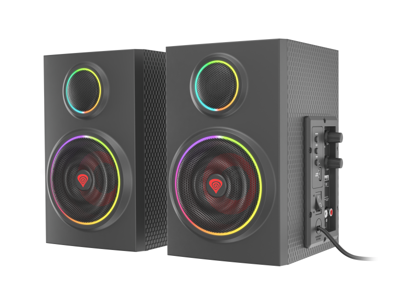 Sistem audio 2.0 Genesis HELIUM 300BT, putere totala RMS 24 W, frecventa raspuns 100 - 20000 Hz, material lemn, iluminare ARGB, negru