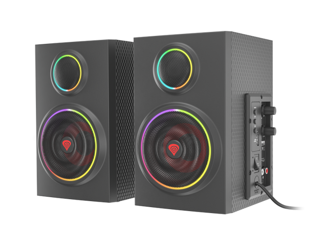 Sistem audio 2.0 Genesis HELIUM 300BT, putere totala RMS 24 W, frecventa raspuns 100 - 20000 Hz, material lemn, iluminare ARGB, negru