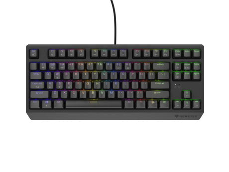 Tastatura gaming mecanica cu fir Genesis Thor 230 TKL, iluminare RGB, switch Linear, switch model Outemu Red, numar taste 87, 11 butoane multimedia, lungime cablu 1.6m, dimensiuni 363 x 155 x 39 mm, negru