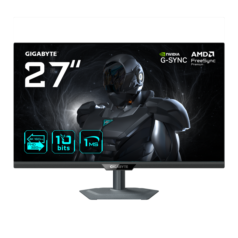 Monitor Gaming Gigabyte G27UP, 27", Dual Mode UHD (3840x2160), 160Hz, FHD (1920x1080), 320Hz, IPS, 1ms GtG, HDR10, Flicker-Free, G-Sync Compatible, Night Vision, Low Blue Light, AMD FreeSync Premium, Smart OD, 2xHDMI 2.1, DP 1.4, USB Type-C, Pivot, Negru