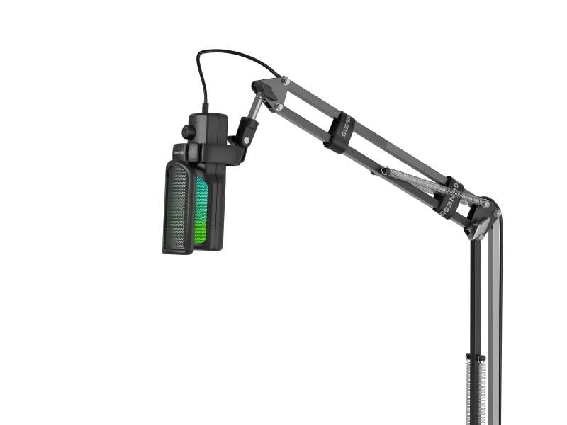 Brat cu microfon Genesis Radium 251, tip Condenser, model cardioid, suport fix, conectivitate USB-C, raspuns in frecventa 50 - 16.000 Hz, sensibilitate 40 dB, lungime cablu 200 cm, negru