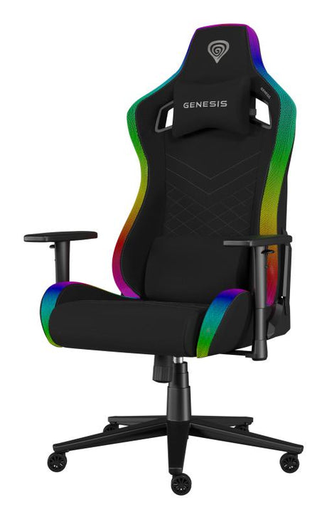 Scaun gaming Genesis TRIT 660, material textil, iluminare RGB, reglabil pe inaltime, greutate maxima suportata 150 kg, inaltime scaun reglabil 45 - 52 cm, spatar ajustabil 160°, dimensiuni roti 60mm,  echipat cu piston cu gaz clasa 4, manere 2D, negru