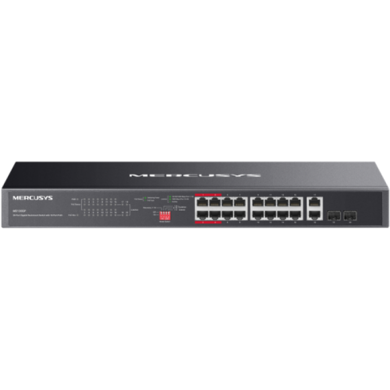 Switch Mercusys Gigabit Rackmount MS120GP, 16× Gigabit PoE+ RJ45 ports, 2× Gigabit non-PoE RJ45 ports, si 2× Gigabit SFP slots