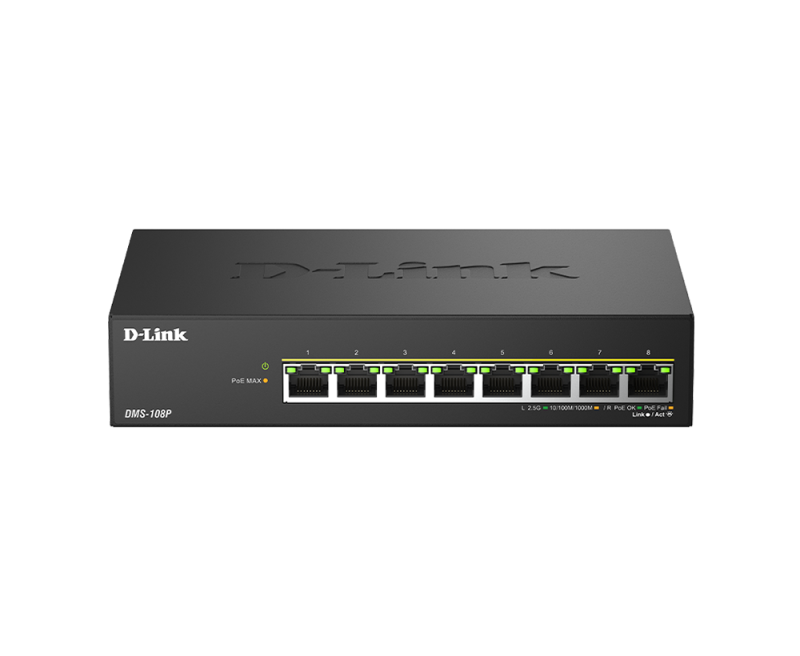 Switch DLink DMS-108P, 8 porturi, PoE, 8 x RJ-45, Auto MDI/MDIX adjustment for all ports, viteza de transfer LAN 2.5 Gbps, capacitate 40 Gbps