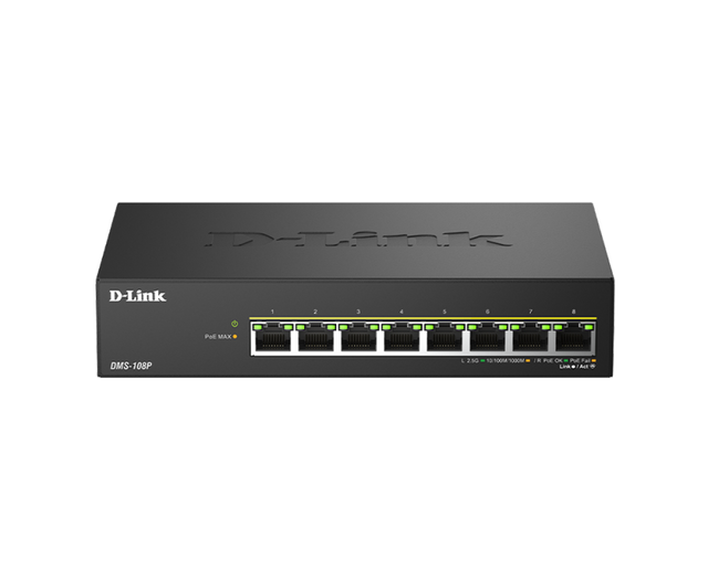 Switch DLink DMS-108P, 8 porturi, PoE, 8 x RJ-45, Auto MDI/MDIX adjustment for all ports, viteza de transfer LAN 2.5 Gbps, capacitate 40 Gbps