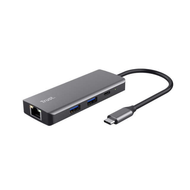 Adaptor Trust Dalyx 6-1, 4 porturi USB, material rABS (ABS Copolymer) 98%, HDMI V 2.0 (3840*2160@60Hz, 1080P@120HZ, Giga Lan (1Gbps, gri