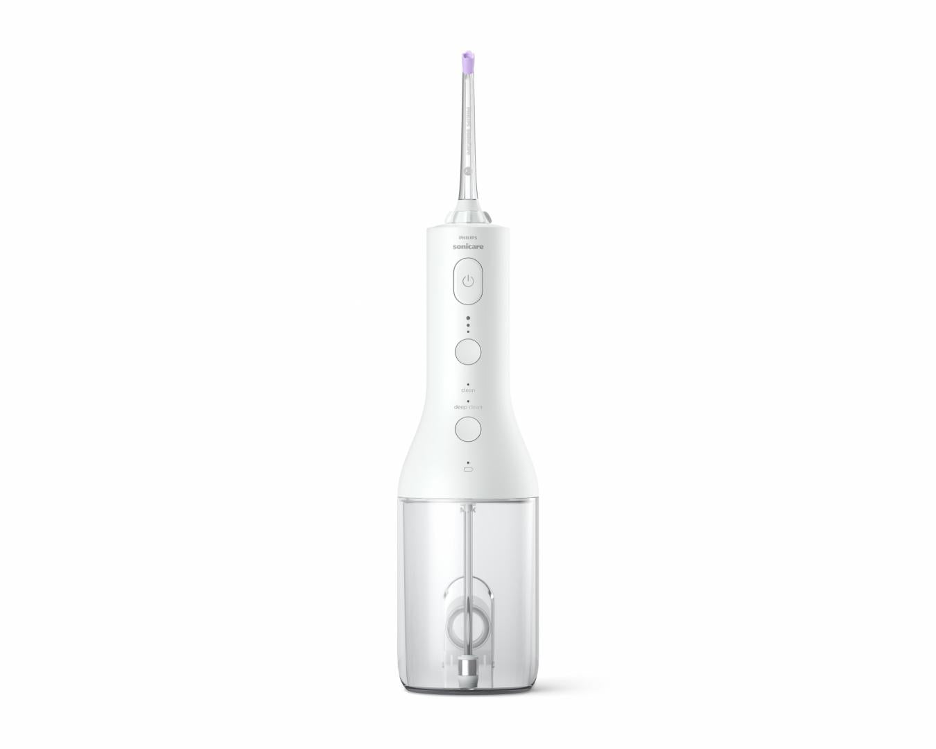 Irigator bucal PHILIPS Sonicare Cordless Power Flosser 3000 HX3826/31, Tehnologie QuadStream, Portabil, 2 moduri de curatare, 3 niveluri de intensitate , 2 x capete de curatare si 1 x husa trasport, Alb, L x A x I (mm) 92x134x247