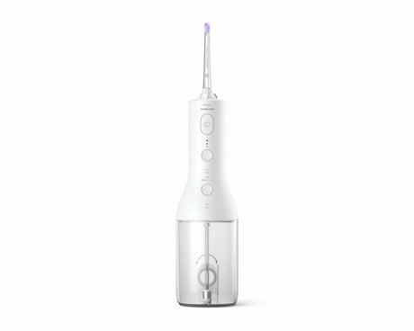 Irigator bucal PHILIPS Sonicare Cordless Power Flosser 3000 HX3826/31, Tehnologie QuadStream, Portabil, 2 moduri de curatare, 3 niveluri de intensitate , 2 x capete de curatare si 1 x husa trasport, Alb, L x A x I (mm) 92x134x247