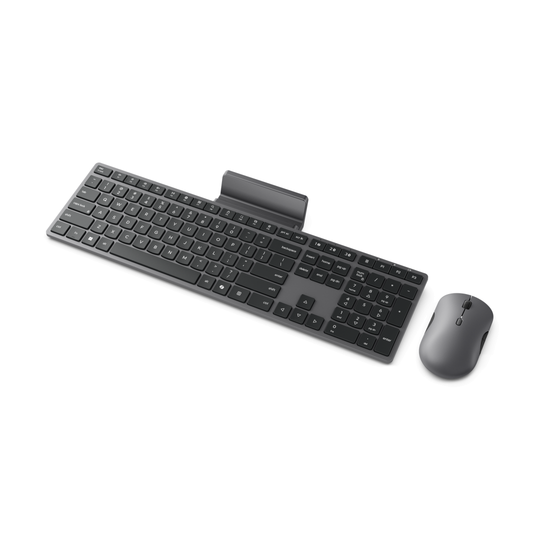 Kit wireless mouse & tastatura Lenovo 700 Modern Multi-Device Wireless Combo cu stand pentru teleofon; Mouse: pana la 4000DPI cu senzor: IR; numar de butoane: 8; conectivitate: receptor USB-A 2.4G si Bluetooth 5.4; layout tastatura: US; compatibil cu Windows 10, Windows 11; culoare: gri inchis (Luna