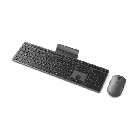 Kit wireless mouse & tastatura Lenovo 700 Modern Multi-Device Wireless Combo cu stand pentru teleofon; Mouse: pana la 4000DPI cu senzor: IR; numar de butoane: 8; conectivitate: receptor USB-A 2.4G si Bluetooth 5.4; layout tastatura: US; compatibil cu Windows 10, Windows 11; culoare: gri inchis (Luna