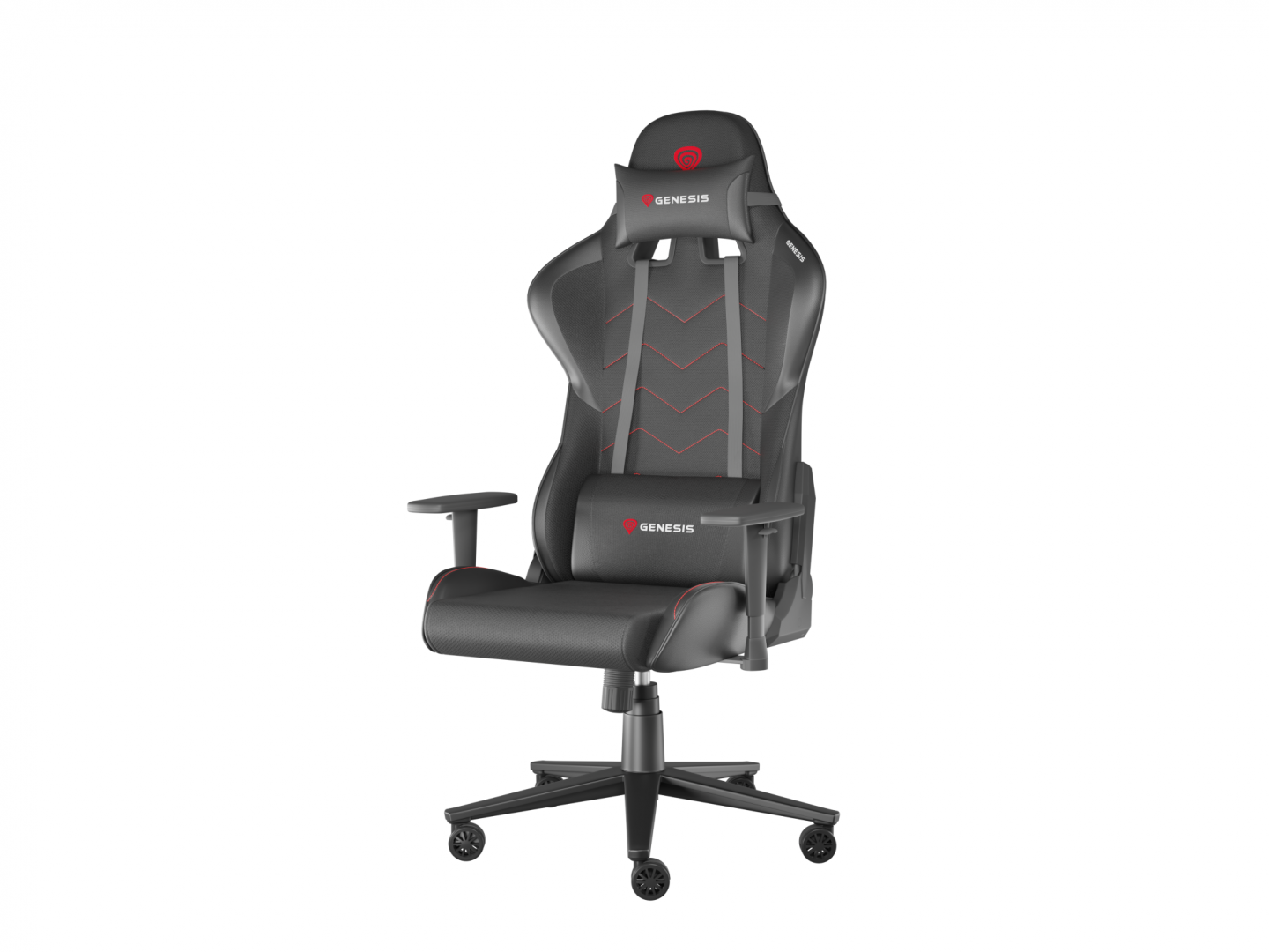 Scaun gaming Genesis Nitro 550 G2, material Synthetic PU + Textil, reglabil pe inaltime, greutate maxima suportata 150 kg, inaltime scaun reglabil 46.5 - 53.5 cm, spatar ajustabil 150°, dimensiuni roti 60mm, negru