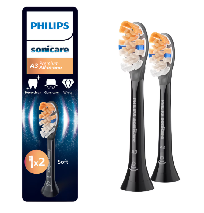 Rezerve PHILIPS Sonicare A3 Premium All in One HX9092/88, Pachet de 2 capete de periere standard, Sincronizarea modurilor BrushSync,  Negru, L x A x I (mm) 25.7x60x230.5