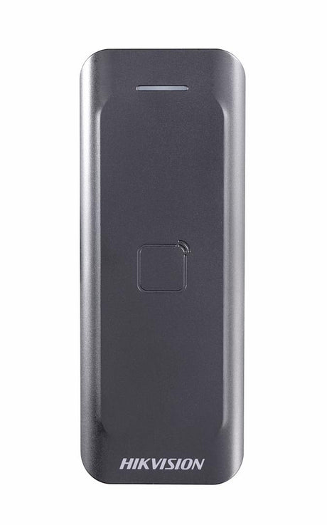 Card reader Hikvision, DS-K1802E; Reads EM card; Card Reading Frequency: 125KHz; Processor: 32-bit; Reading Range: ≤50mm (≤1.97"); Supports Wiegand(W27/W35) protocol, Dust-proof, IP 65.