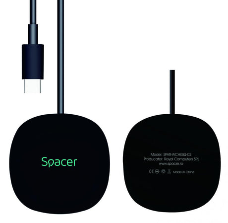Incarcator wireless Spacer, Quick Charge 15W Qi, conector Type-C, rol de stand prin prindere magnetica, negru