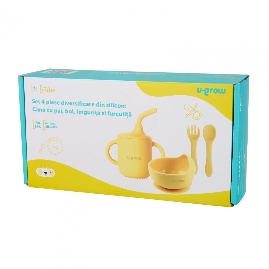 Set 4 piese diversificare din silicon: Cana cu pai, bol , lingurita si furculita, galben, U-Grow