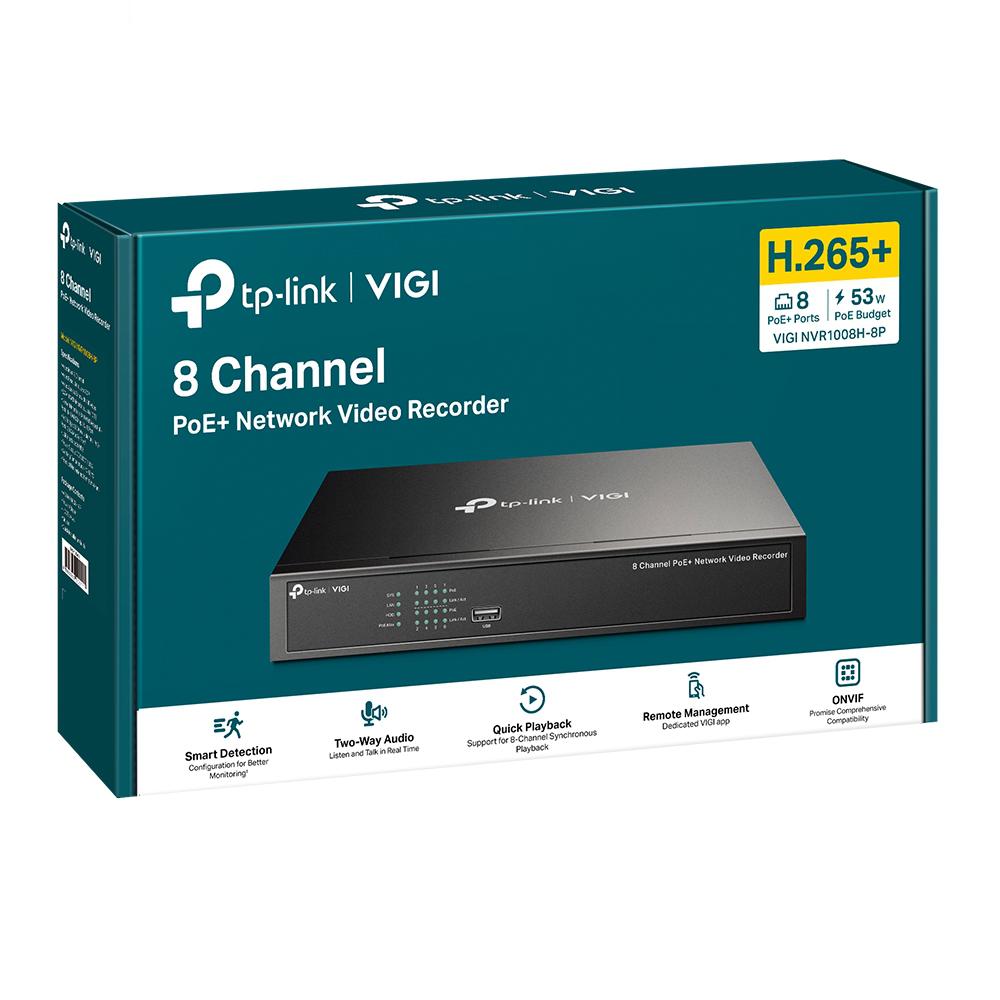 NVR PoE TP-Link VIGI 8 canale 1008H-8MP; 53W, 8 MP,1 SATA Interface, max 16TB(neinclus), H.265+; ONVIF, etecție mișcare, linie, intruziune, persoane, vehicule etc.