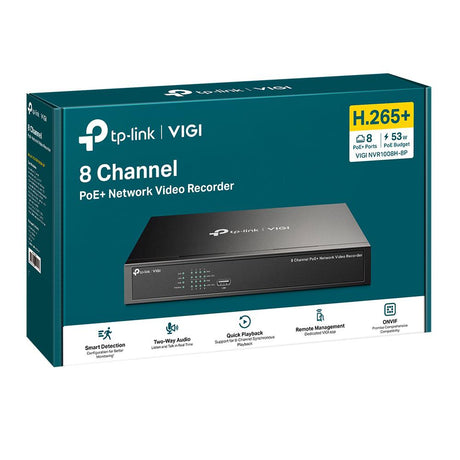 NVR PoE TP-Link VIGI 8 canale 1008H-8MP; 53W, 8 MP,1 SATA Interface, max 16TB(neinclus), H.265+; ONVIF, etecție mișcare, linie, intruziune, persoane, vehicule etc.