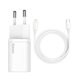 Incarcator retea Baseus Super Si, Quick Charge 20W, 1 x USB Type-C 5V/3Amax, include cablu USB Type-C la Lightning Iphone 1m, alb