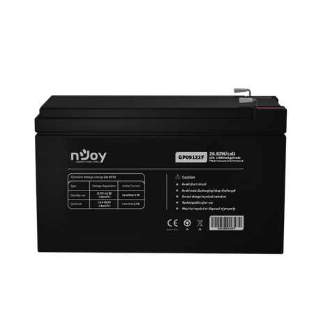 ACUMULATOR NJOY GP09122F 12V Tip VRLA AGM Terminale F2 Durata teoretica de viata in mod asteptare pana la 5 ani Cycle Use 14.4V-15.0V (-30mV/C), max. Current: 2.7A Float Use 13.5-13.8V (-20 mV/C) https://www.njoy.global/product/gp09122f?el=resources