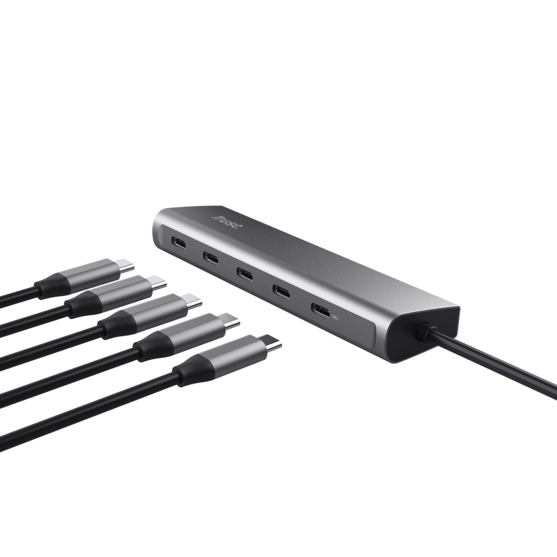 Hub Trust Halyx, 5 porturi USB-C 3.2 gen 1: 1 USB-C 100W PD port / 4 USB-C data ports, USB PD 3.0, gri