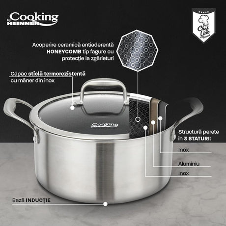 SEMIOALA INOX+CAPAC STICLA IN 3 STRATURI 28x13 CM, 7 L, TITANIUM3, COOKING BY HEINNER