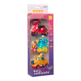 SET 3 VEHICULE ACTIONATE PRIN INERTIE- MASINUTA GALBENA, SCUTER ROSU, TREN ALBASTRU, MOMKI