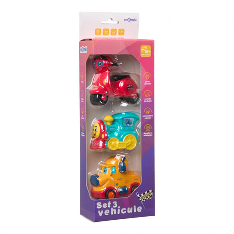SET 3 VEHICULE ACTIONATE PRIN INERTIE- MASINUTA GALBENA, SCUTER ROSU, TREN ALBASTRU, MOMKI