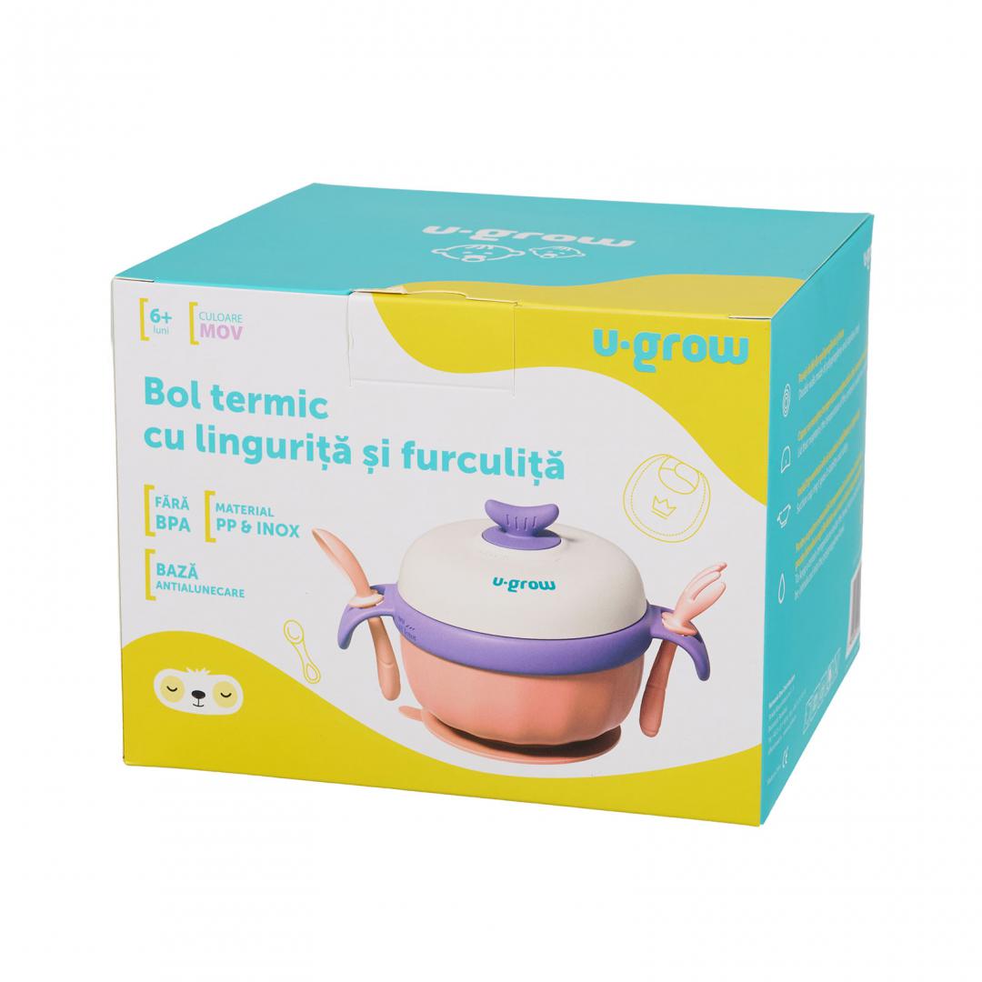 Bol termic , lingurita si furculita , baza antialunecare, mov, U-Grow