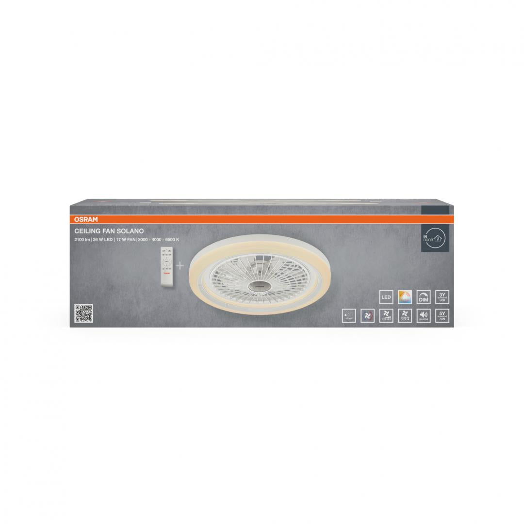 Plafoniera LED CCT cu ventilator Osram Solano cu Telecomanda, 43W, 2100lm, lumina alba (3000-4000-6500K), dimabila, IP20, max 1168 m³/h, timer 1h-4h-8h, Alb