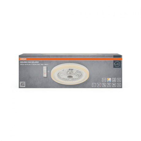 Plafoniera LED CCT cu ventilator Osram Solano cu Telecomanda, 43W, 2100lm, lumina alba (3000-4000-6500K), dimabila, IP20, max 1168 m³/h, timer 1h-4h-8h, Alb