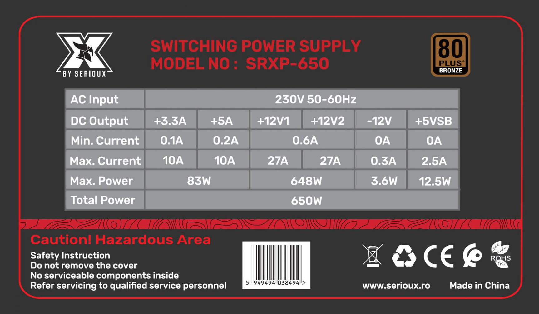 Sursa Serioux Energy 650W, Ventilator 12cm, ATX, material metal, cabluri: 20+4-pin, 1x4+4-pin, 2x6+2-pin, negru