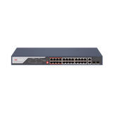 Switch PoE Hikvision DS-3E0326P-E(C): 24 x 10/100Mbps PoE port,2 × Gigabit combo, buget PoE 370 W, tensiune alimentare 100 to 240 V AC, 50/60 Hz, Max. 6.5 A, dimensiuni: 440.00 mm × 44.00 mm × 220.80 mm, greutate: 3.54kg, montare in rack.