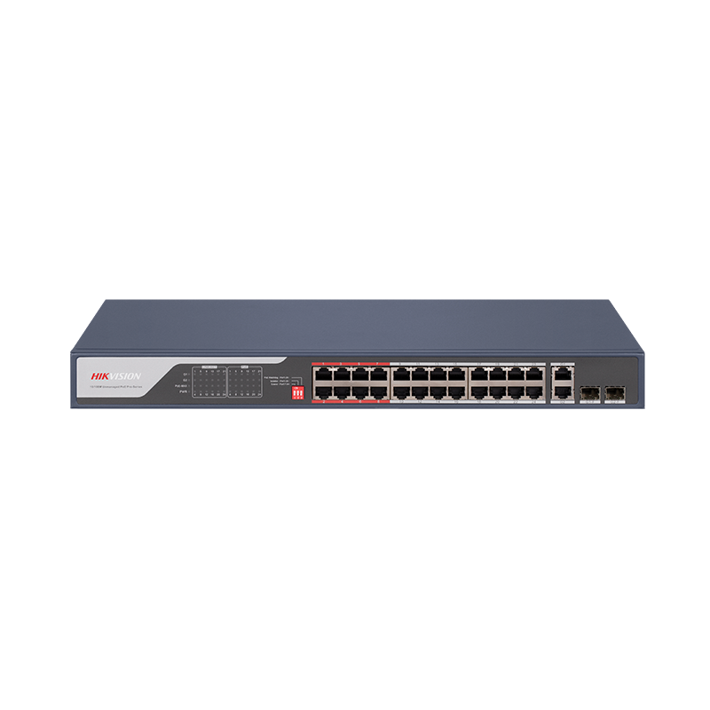 Switch PoE Hikvision DS-3E0326P-E(C): 24 x 10/100Mbps PoE port,2 × Gigabit combo, buget PoE 370 W, tensiune alimentare 100 to 240 V AC, 50/60 Hz, Max. 6.5 A, dimensiuni: 440.00 mm × 44.00 mm × 220.80 mm, greutate: 3.54kg, montare in rack.