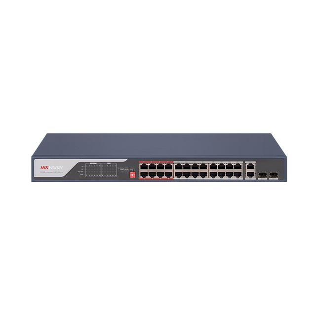 Switch PoE Hikvision DS-3E0326P-E(C): 24 x 10/100Mbps PoE port,2 × Gigabit combo, buget PoE 370 W, tensiune alimentare 100 to 240 V AC, 50/60 Hz, Max. 6.5 A, dimensiuni: 440.00 mm × 44.00 mm × 220.80 mm, greutate: 3.54kg, montare in rack.