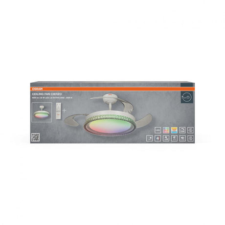 Plafoniera LED CCT cu ventilator Osram Cierzo cu Telecomanda, 60W, 4000lm, lumina alba si color (3000-6500K), dimabila, IP20, max 7252 m³/h, timer 2h-4h-8h, Alb
