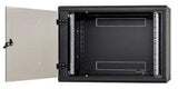 Rack de perete Triton sectiune simpla 9U 600mm adancime usa sticla panouri laterale fixe sectiuni ventilatie activa, sectiuni acces cabluri sus/jos/spate securizare cu cheie, 1 pereche montanti reglabili IP30 negru