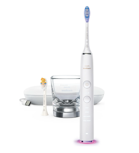 Periuta de dinti sonica electrica Philips Sonicare DiamondClean Smart 9400 HX9917/88, 62000 miscari/minut, 4 moduri de curatare, 3 nivele intensitate, senzor presiune, functia BrushSync, 2 baze cu rol de incarcare, 2 capete de periere, Alb