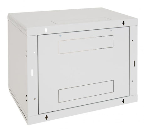 Rack de perete Triton sectiune simpla 6U 600mm adancime usa sticla panouri laterale fixe, sectiuni ventilatie activa, sectiuni acces cabluri sus/jos/spate securizare cu cheie, 1 pereche montanti reglabili IP30 gri