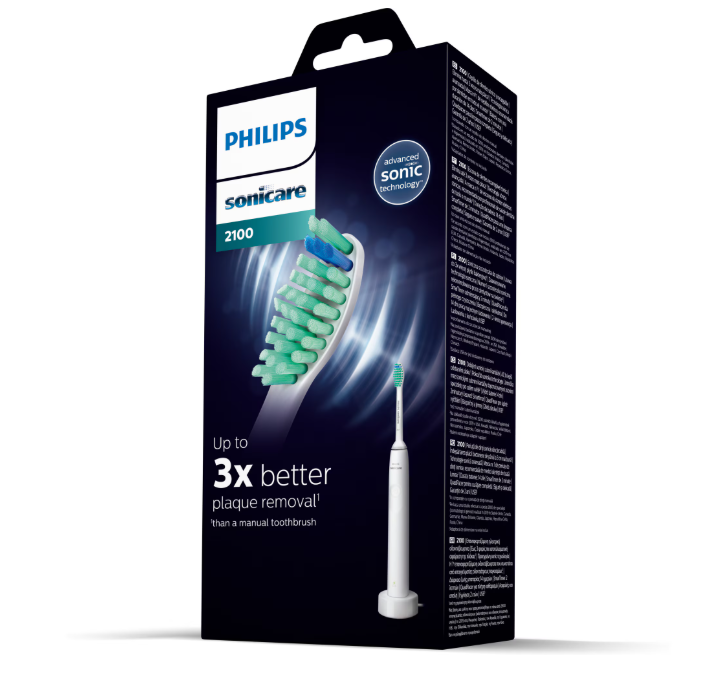 Periuta de dinti sonica electrica PHILIPS Sonicare Seria 2100 HX3651/13, 31000 miscari/minut, Cronometru Quadpacer si SmarTimer, Design ergonomic subţire, 1 capat de periere, Alb, L x A x I (mm) 109x63x220