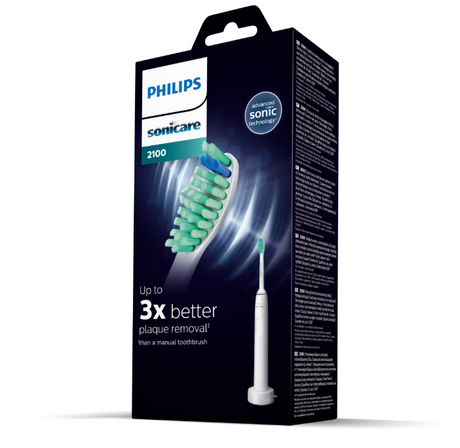 Periuta de dinti sonica electrica PHILIPS Sonicare Seria 2100 HX3651/13, 31000 miscari/minut, Cronometru Quadpacer si SmarTimer, Design ergonomic subţire, 1 capat de periere, Alb, L x A x I (mm) 109x63x220